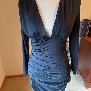 Black v neck long sleeve ruched bodycon mini cocktail dress